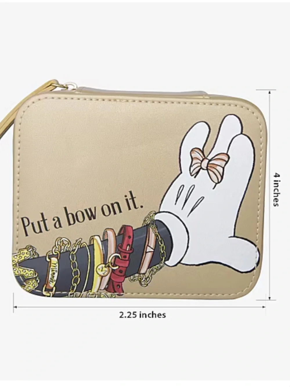 NEW w TAGS 🏷️ Gold Jewelry Case ft. Minnie Mouse hand, “Put a Bow on It” graphic